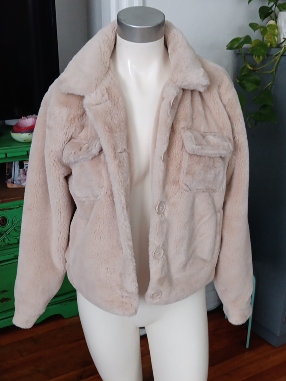 Plush Faux Fur Button-Front Jacket in Light Beige